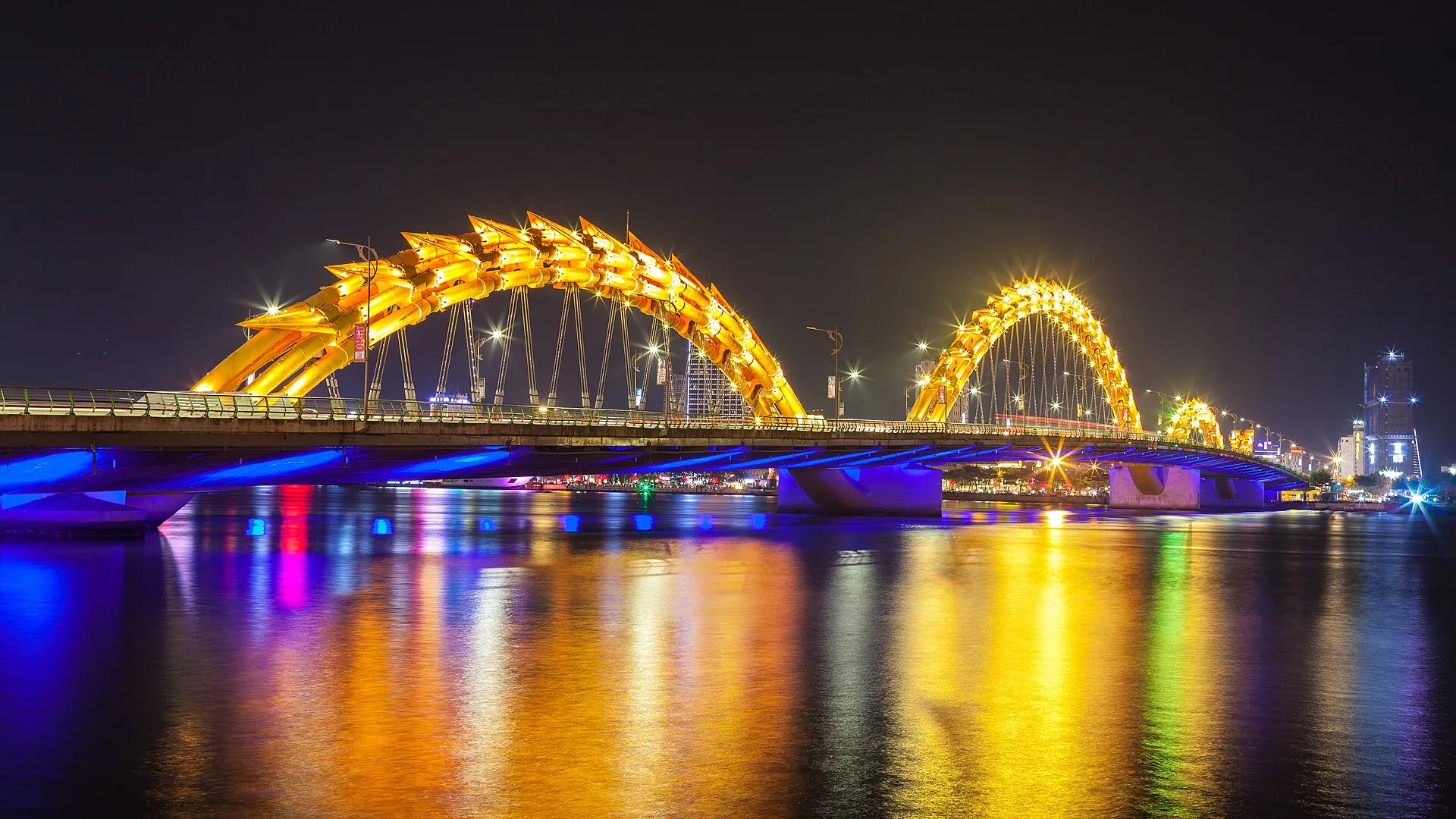 Dragon Bridge lit up at night